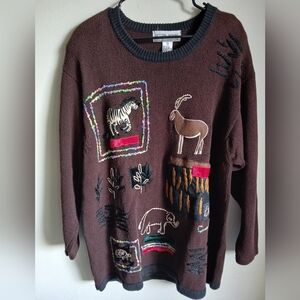 VTG Victoria Woman Pullover Sweater Brown Size 1X Africa Zebra Zoo Elephant